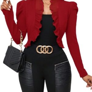 Women's Open Front Ruffle Trim Jacket/Koti Long Puff Sleeves Crop, Work Office Blazer Outerwear | Tops Style Shrug | Ruffled Collar & Hem Short Jacket