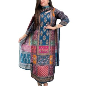 Women's Rayon Viscose Straight Printed Kurta with Pant & Dupatta