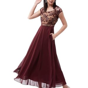 Miss Chase Women's Lavender & Wine V-Neck Cap Sleeves Floral Lace Fit & Flare Maxi Dress