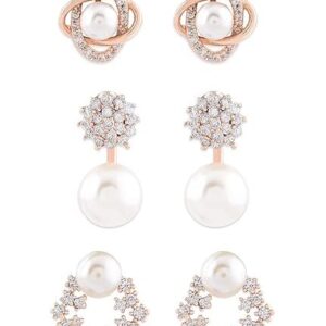 Zaveri Pearls Combo of 3 Cubic Zirconia & Pearls Contemporary Stud Earrings For Women-ZPFK10381