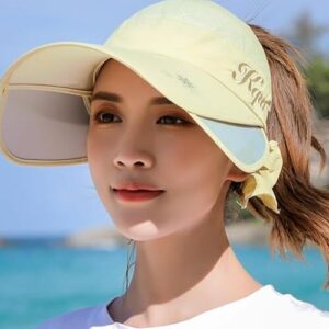 Sun Hats for Women,Fashion Wide Brim Visor Hat for Women UV Sun Protection,Golf Cap with Retractable Side Brim Breathable Hat Beach Fishing Tennis Beige