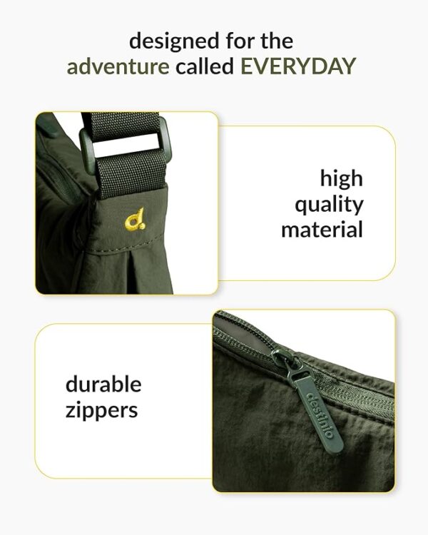 Destinio Crossbody Bags for Women and Men - Slim & Stylish, Luxury Nylon Fabric, Branded Zippers - Small Side Half Moon Sling Bag & Waist Bag, Unisex Chest Bag (Olive Green, Half Moon Sling) - Image 2
