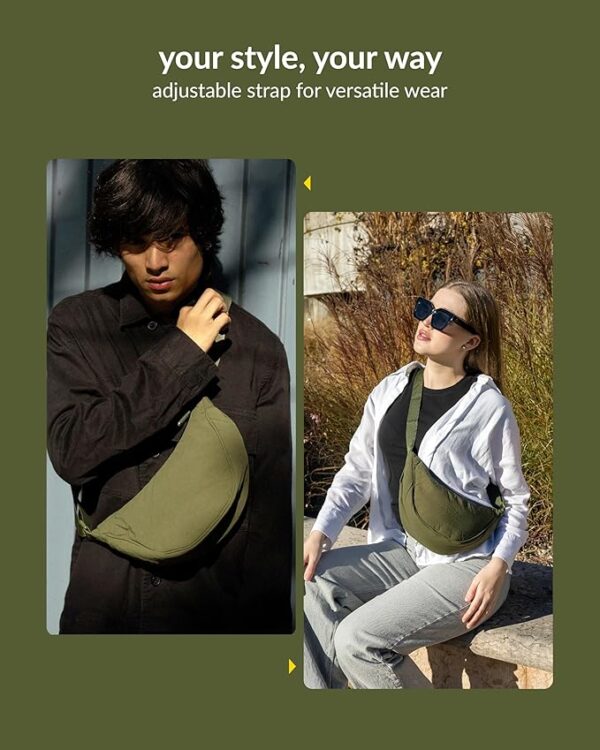 Destinio Crossbody Bags for Women and Men - Slim & Stylish, Luxury Nylon Fabric, Branded Zippers - Small Side Half Moon Sling Bag & Waist Bag, Unisex Chest Bag (Olive Green, Half Moon Sling) - Image 5