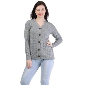 Kalt Women Full Sleeves Cable Button Acrylic V-Neck Sweater